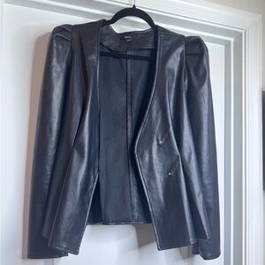 BLASHE Faux Leather Black Long Sleeve Top Shacket with Puffy Shoulders